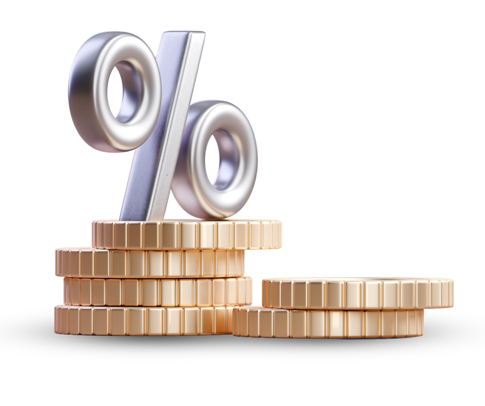 Percent sign on stacks of gold coins